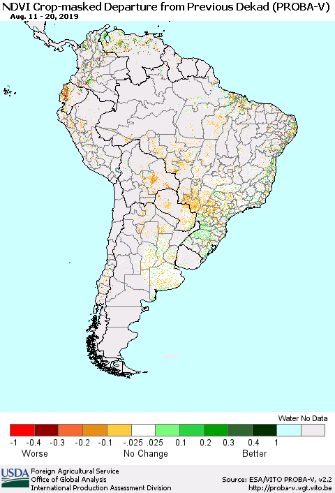 South America NDVI Crop-masked Departure from Previous Dekad (PROBA-V) Thematic Map For 8/11/2019 - 8/20/2019