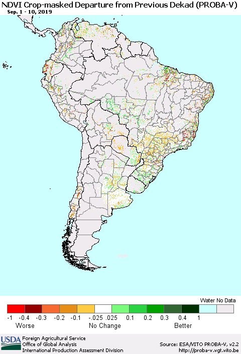 South America NDVI Crop-masked Departure from Previous Dekad (PROBA-V) Thematic Map For 9/1/2019 - 9/10/2019