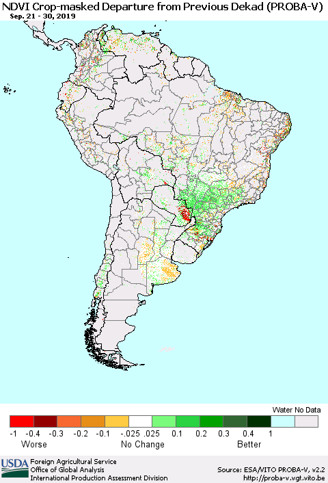 South America NDVI Crop-masked Departure from Previous Dekad (PROBA-V) Thematic Map For 9/21/2019 - 9/30/2019