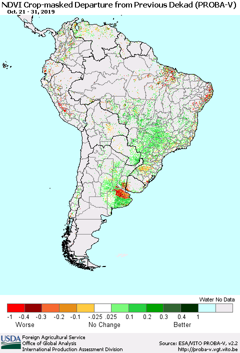 South America NDVI Crop-masked Departure from Previous Dekad (PROBA-V) Thematic Map For 10/21/2019 - 10/31/2019