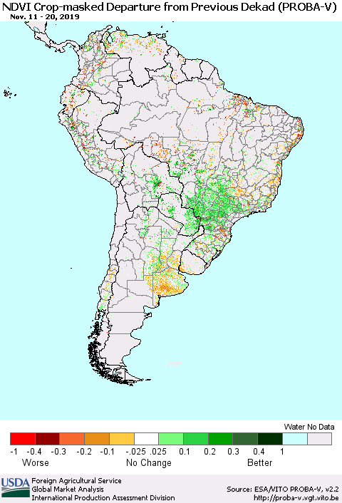 South America NDVI Crop-masked Departure from Previous Dekad (PROBA-V) Thematic Map For 11/11/2019 - 11/20/2019