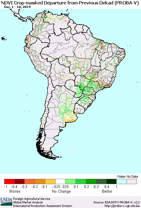 South America NDVI Crop-masked Departure from Previous Dekad (PROBA-V) Thematic Map For 12/1/2019 - 12/10/2019