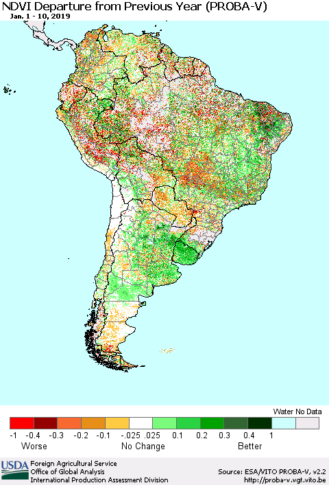 South America NDVI Departure from Previous Year (PROBA-V) Thematic Map For 1/1/2019 - 1/10/2019
