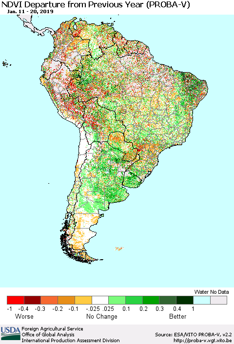 South America NDVI Departure from Previous Year (PROBA-V) Thematic Map For 1/11/2019 - 1/20/2019