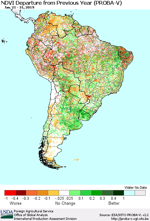 South America NDVI Departure from Previous Year (PROBA-V) Thematic Map For 1/21/2019 - 1/31/2019