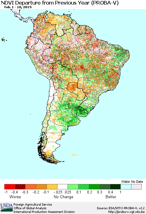 South America NDVI Departure from Previous Year (PROBA-V) Thematic Map For 2/1/2019 - 2/10/2019