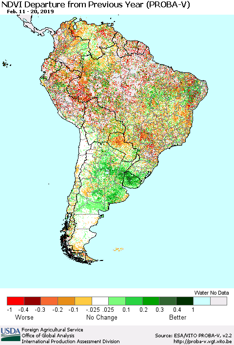 South America NDVI Departure from Previous Year (PROBA-V) Thematic Map For 2/11/2019 - 2/20/2019