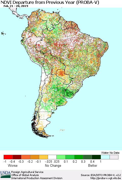 South America NDVI Departure from Previous Year (PROBA-V) Thematic Map For 2/21/2019 - 2/28/2019