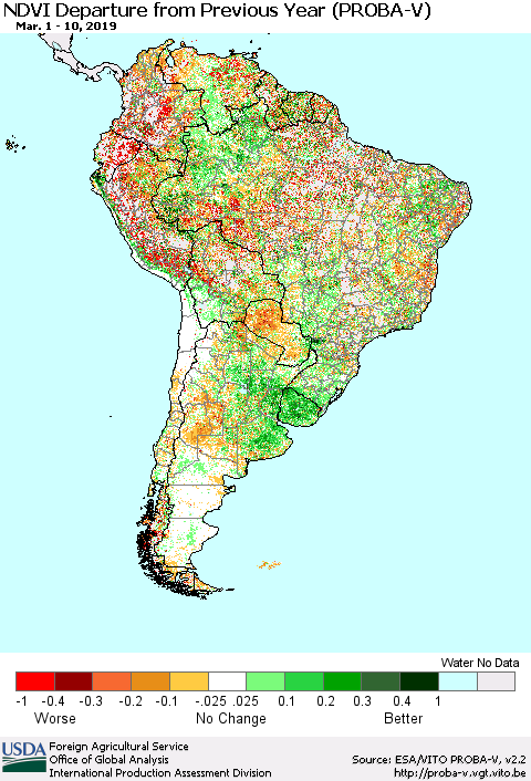 South America NDVI Departure from Previous Year (PROBA-V) Thematic Map For 3/1/2019 - 3/10/2019