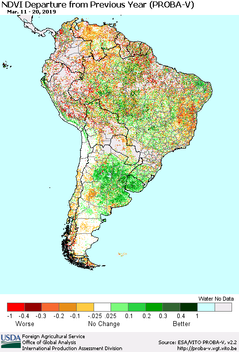 South America NDVI Departure from Previous Year (PROBA-V) Thematic Map For 3/11/2019 - 3/20/2019