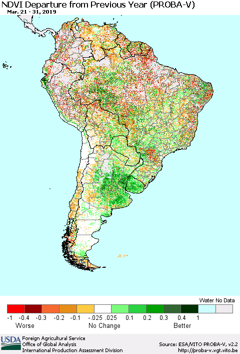 South America NDVI Departure from Previous Year (PROBA-V) Thematic Map For 3/21/2019 - 3/31/2019