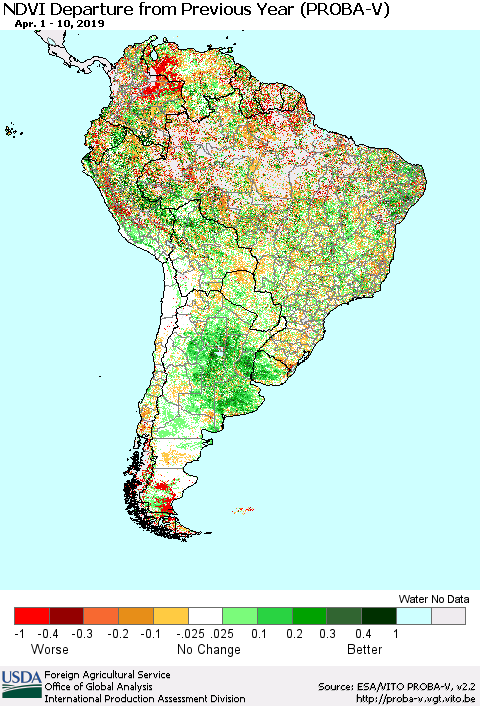 South America NDVI Departure from Previous Year (PROBA-V) Thematic Map For 4/1/2019 - 4/10/2019
