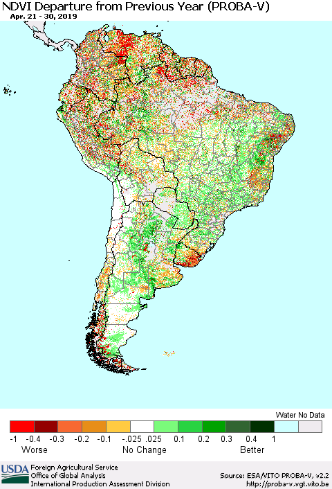 South America NDVI Departure from Previous Year (PROBA-V) Thematic Map For 4/21/2019 - 4/30/2019