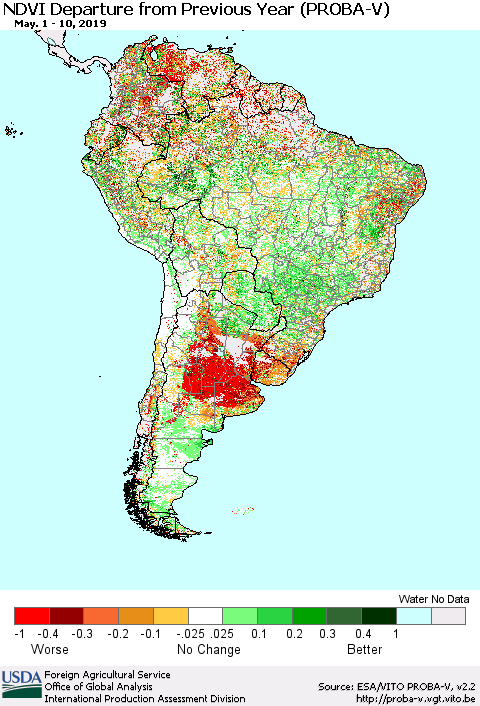 South America NDVI Departure from Previous Year (PROBA-V) Thematic Map For 5/1/2019 - 5/10/2019