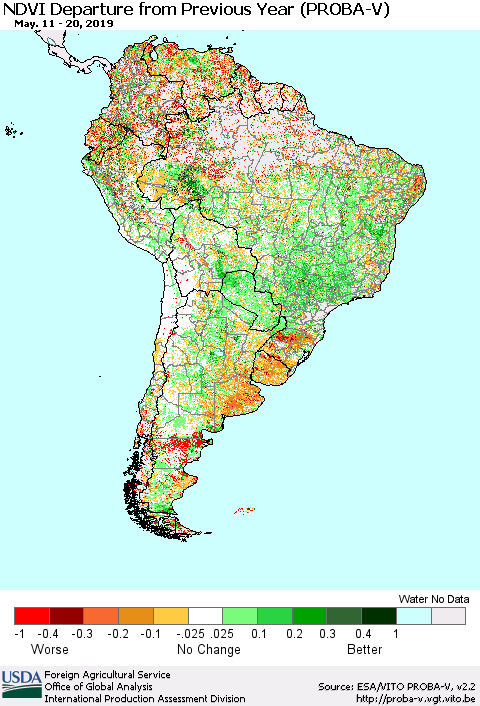 South America NDVI Departure from Previous Year (PROBA-V) Thematic Map For 5/11/2019 - 5/20/2019