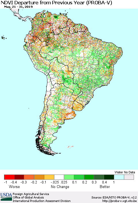 South America NDVI Departure from Previous Year (PROBA-V) Thematic Map For 5/21/2019 - 5/31/2019