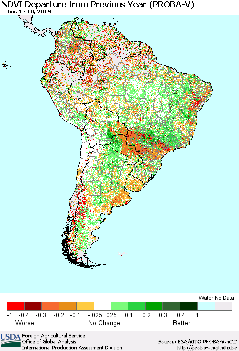 South America NDVI Departure from Previous Year (PROBA-V) Thematic Map For 6/1/2019 - 6/10/2019