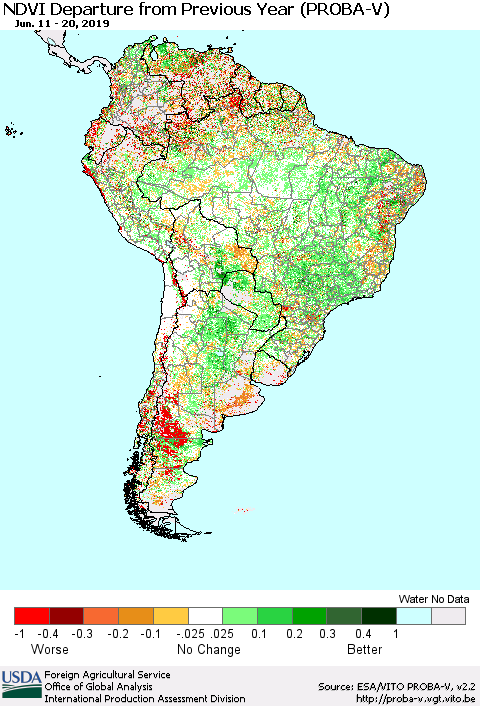 South America NDVI Departure from Previous Year (PROBA-V) Thematic Map For 6/11/2019 - 6/20/2019