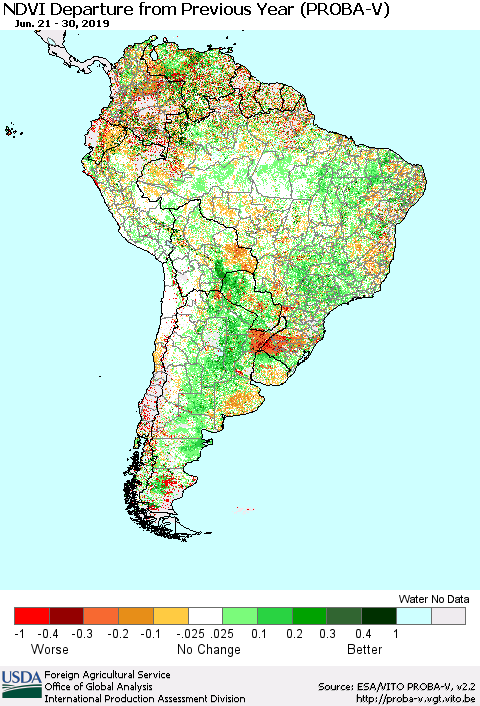 South America NDVI Departure from Previous Year (PROBA-V) Thematic Map For 6/21/2019 - 6/30/2019