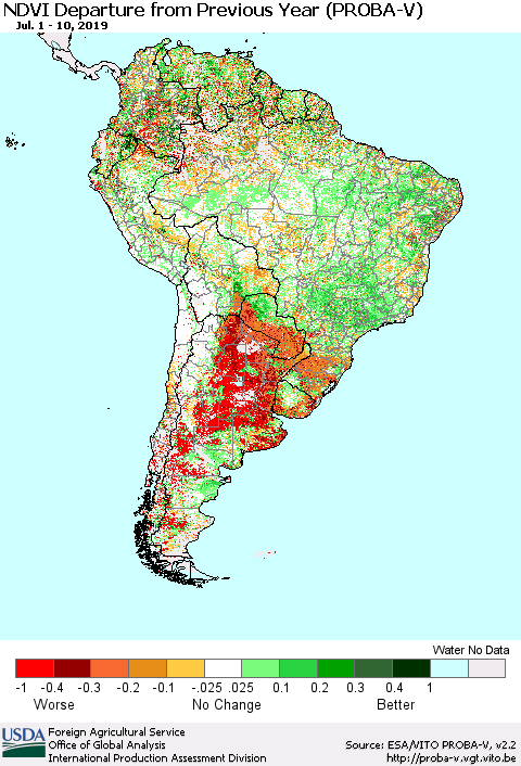 South America NDVI Departure from Previous Year (PROBA-V) Thematic Map For 7/1/2019 - 7/10/2019