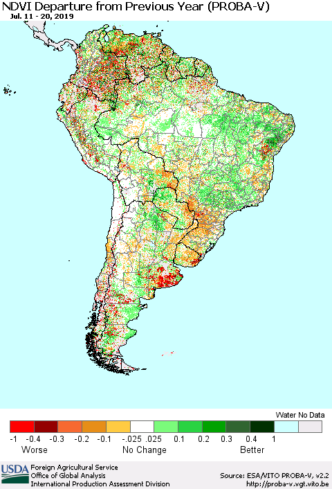 South America NDVI Departure from Previous Year (PROBA-V) Thematic Map For 7/11/2019 - 7/20/2019