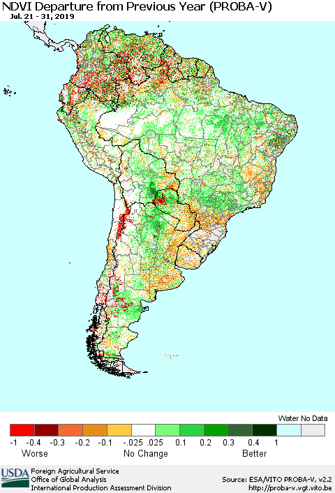 South America NDVI Departure from Previous Year (PROBA-V) Thematic Map For 7/21/2019 - 7/31/2019