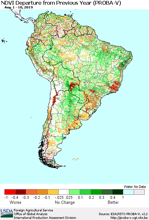 South America NDVI Departure from Previous Year (PROBA-V) Thematic Map For 8/1/2019 - 8/10/2019