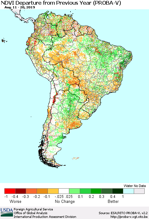 South America NDVI Departure from Previous Year (PROBA-V) Thematic Map For 8/11/2019 - 8/20/2019