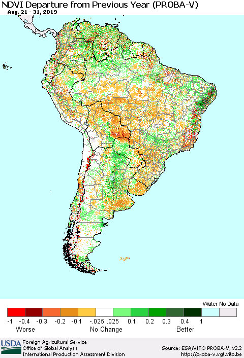 South America NDVI Departure from Previous Year (PROBA-V) Thematic Map For 8/21/2019 - 8/31/2019