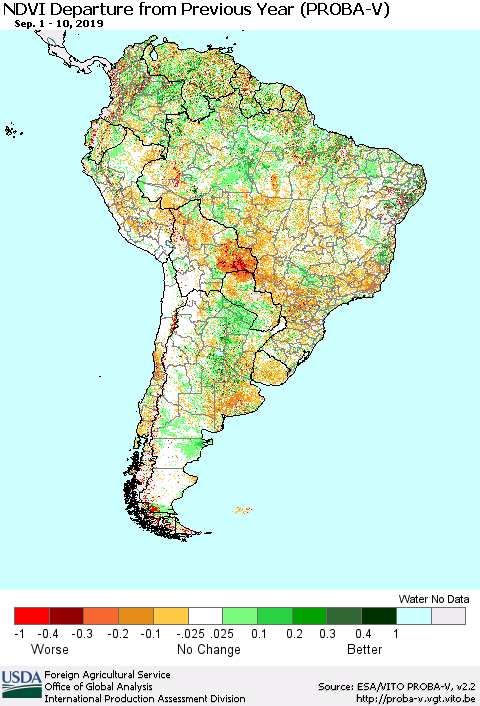 South America NDVI Departure from Previous Year (PROBA-V) Thematic Map For 9/1/2019 - 9/10/2019