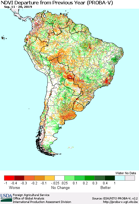 South America NDVI Departure from Previous Year (PROBA-V) Thematic Map For 9/11/2019 - 9/20/2019