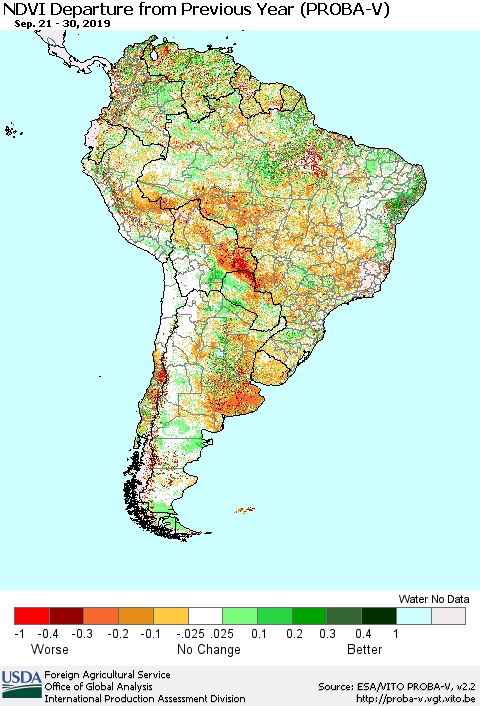 South America NDVI Departure from Previous Year (PROBA-V) Thematic Map For 9/21/2019 - 9/30/2019
