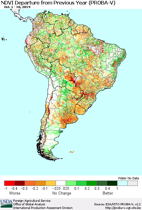 South America NDVI Departure from Previous Year (PROBA-V) Thematic Map For 10/1/2019 - 10/10/2019