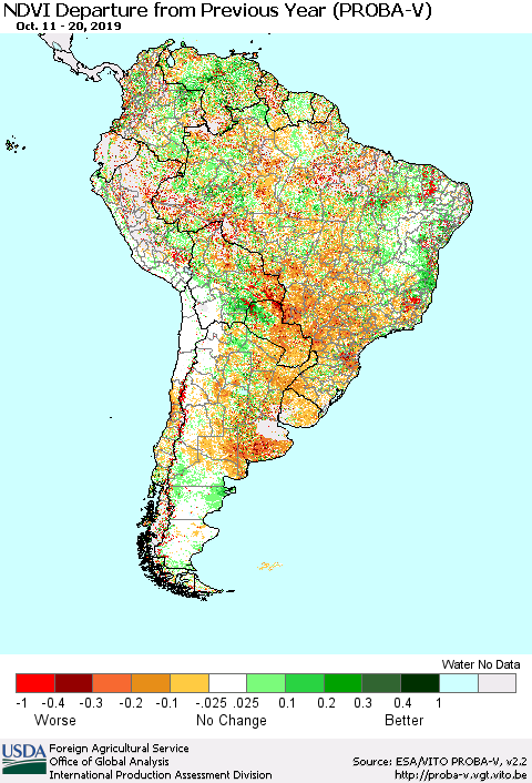 South America NDVI Departure from Previous Year (PROBA-V) Thematic Map For 10/11/2019 - 10/20/2019