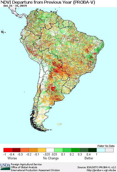 South America NDVI Departure from Previous Year (PROBA-V) Thematic Map For 10/21/2019 - 10/31/2019