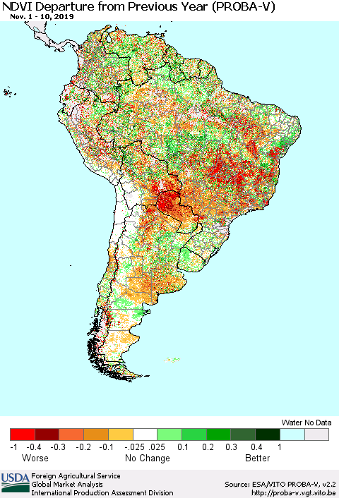 South America NDVI Departure from Previous Year (PROBA-V) Thematic Map For 11/1/2019 - 11/10/2019