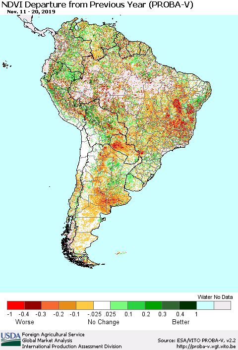 South America NDVI Departure from Previous Year (PROBA-V) Thematic Map For 11/11/2019 - 11/20/2019