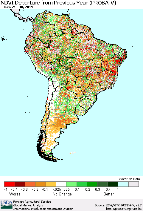 South America NDVI Departure from Previous Year (PROBA-V) Thematic Map For 11/21/2019 - 11/30/2019