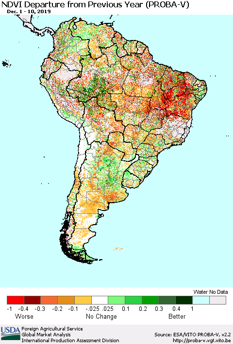 South America NDVI Departure from Previous Year (PROBA-V) Thematic Map For 12/1/2019 - 12/10/2019