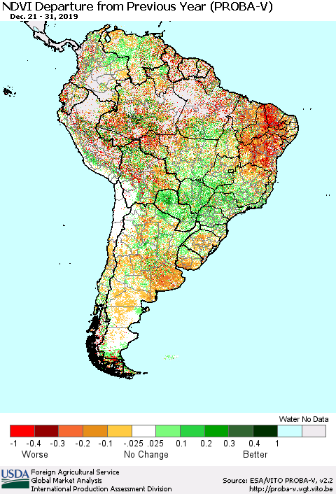 South America NDVI Departure from Previous Year (PROBA-V) Thematic Map For 12/21/2019 - 12/31/2019