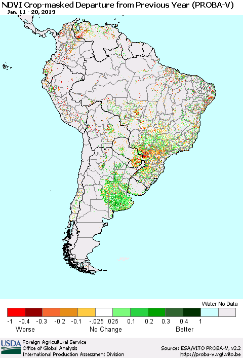 South America NDVI Crop-masked Departure from Previous Year (PROBA-V) Thematic Map For 1/11/2019 - 1/20/2019