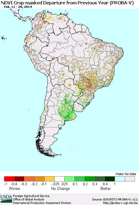 South America NDVI Crop-masked Departure from Previous Year (PROBA-V) Thematic Map For 2/11/2019 - 2/20/2019