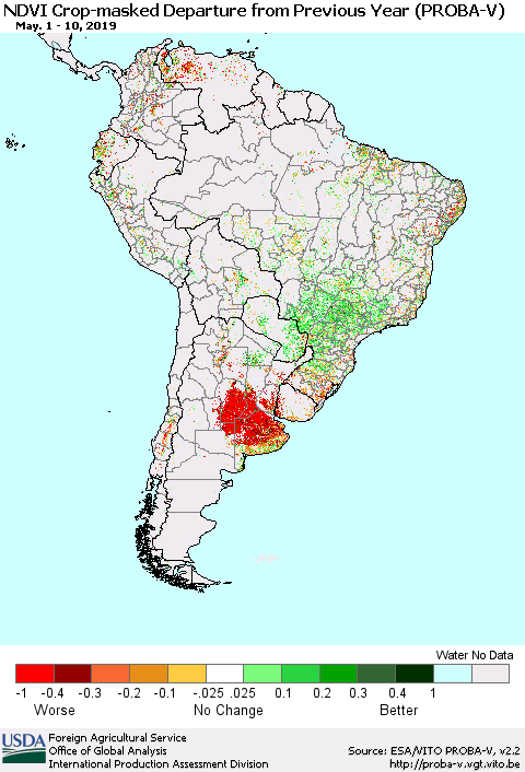 South America NDVI Crop-masked Departure from Previous Year (PROBA-V) Thematic Map For 5/1/2019 - 5/10/2019