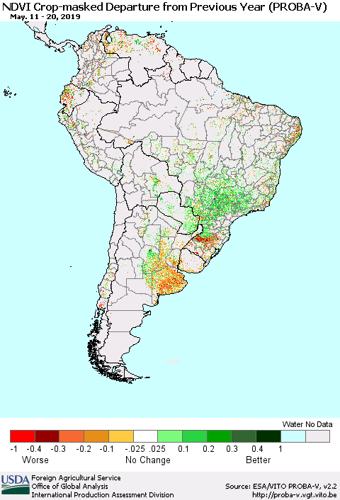 South America NDVI Crop-masked Departure from Previous Year (PROBA-V) Thematic Map For 5/11/2019 - 5/20/2019