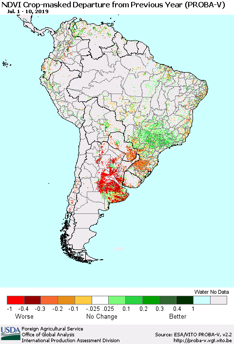 South America NDVI Crop-masked Departure from Previous Year (PROBA-V) Thematic Map For 7/1/2019 - 7/10/2019