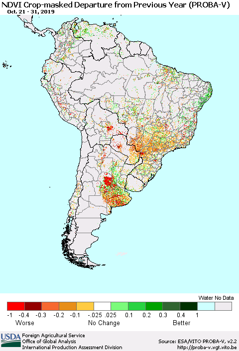 South America NDVI Crop-masked Departure from Previous Year (PROBA-V) Thematic Map For 10/21/2019 - 10/31/2019