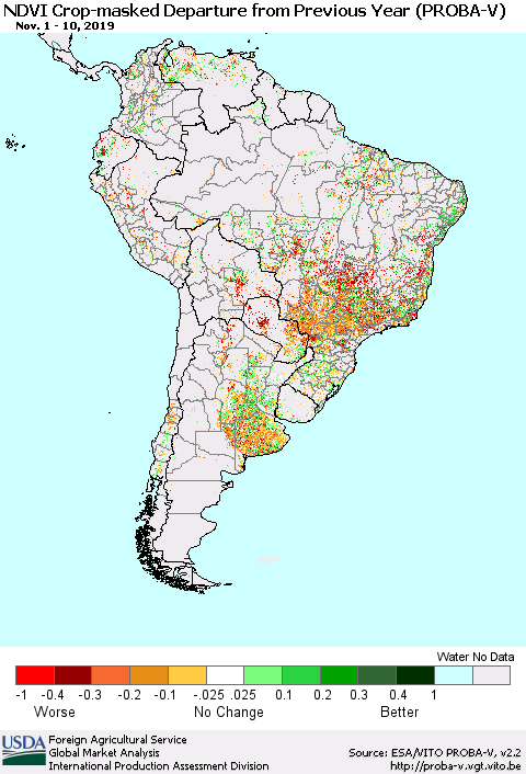 South America NDVI Crop-masked Departure from Previous Year (PROBA-V) Thematic Map For 11/1/2019 - 11/10/2019
