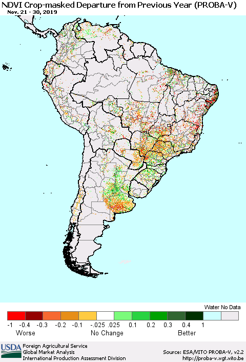 South America NDVI Crop-masked Departure from Previous Year (PROBA-V) Thematic Map For 11/21/2019 - 11/30/2019