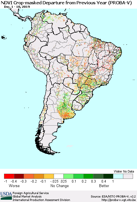 South America NDVI Crop-masked Departure from Previous Year (PROBA-V) Thematic Map For 12/1/2019 - 12/10/2019