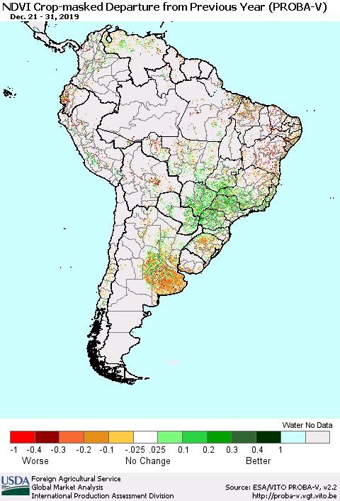 South America NDVI Crop-masked Departure from Previous Year (PROBA-V) Thematic Map For 12/21/2019 - 12/31/2019